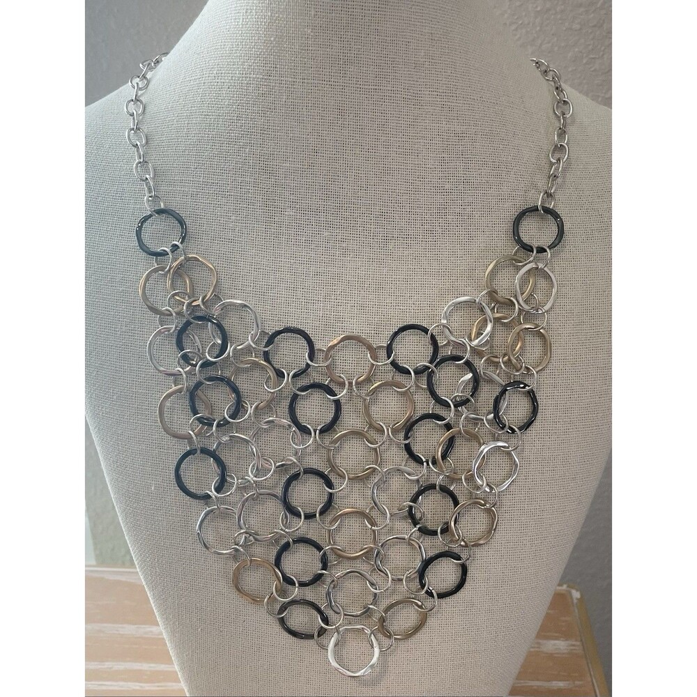 Circle Link Bib Necklace in Silver Tone Gun Metal Gray and Gold Tone
